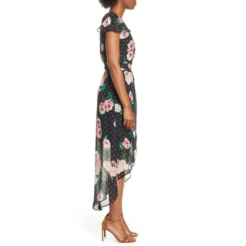 Julia Jordan Faux Wrap Dress Black Dots Pink Floral High Low Chiffon SZ 6 NWT - Picture 3 of 6